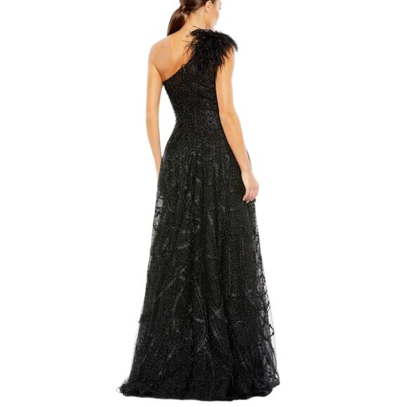 $798 Mac Duggal Size 6 Black One Shoulder Feather Ballgown‎ Long Gown Maxi Dress - Picture 4 of 4